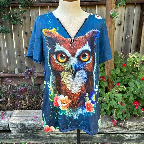Misslook Horned Owl Graphic Zip Blue Blouse Women's Size Small - Picture 1 of 10